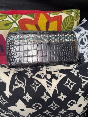 Black Croc-Embossed Zip Wallet with Stud Accents Raviani